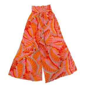 Cynthia Rowley Smocked Waist Tropical Crop Wide Leg Pants Large Orange Pink